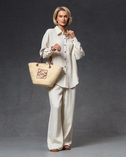 Жіночий лляний костюм з сорочкою та штанами КРИСТАЛ, Молочний, S