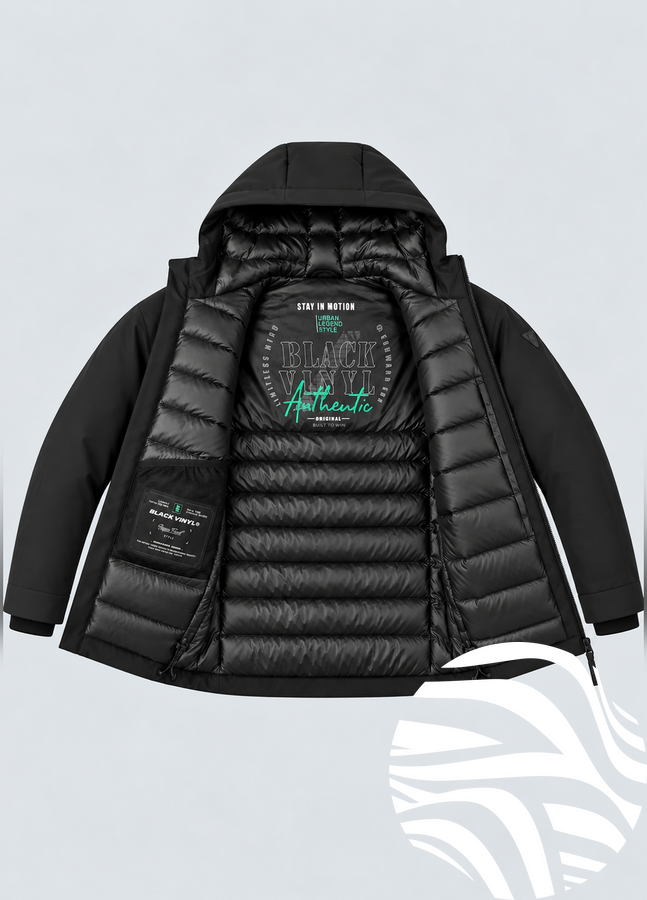 Чоловіча зимова куртка BLACK VINYL 26-2801 з капюшоном &mdash; утеплена куртка на біопуху, стиль Casual, Чорний, 46
