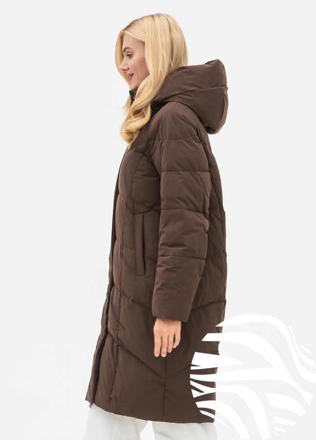 Жіноче зимове пуховик-пальто з капюшоном Viva Wear 3259 | Тепла довга куртка на біопуху DuPont Sorona до -25&deg;C, Шоколад, L