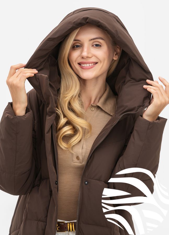 Жіноче зимове пуховик-пальто з капюшоном Viva Wear 3259 | Тепла довга куртка на біопуху DuPont Sorona до -25&deg;C, Шоколад, L