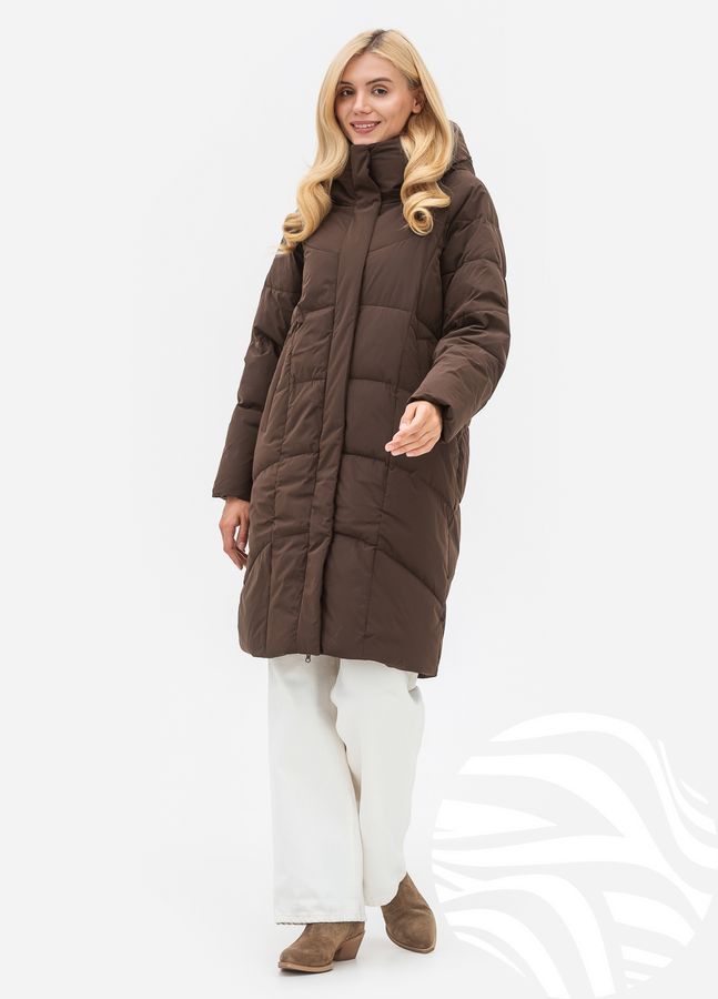 Жіноче зимове пуховик-пальто з капюшоном Viva Wear 3259 | Тепла довга куртка на біопуху DuPont Sorona до -25&deg;C, Шоколад, L